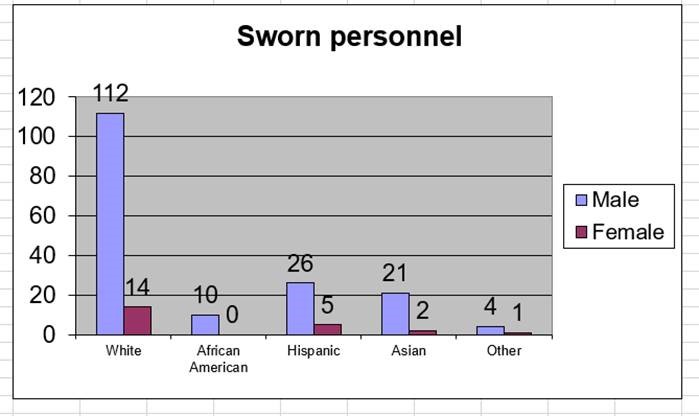 sworn personnel - white female 14, white male 112, African American female 0, African American male 10, Hispanic female 5, Hispanic male 26, Asian female 2, Asian male 21, Other female 1, other male 4.