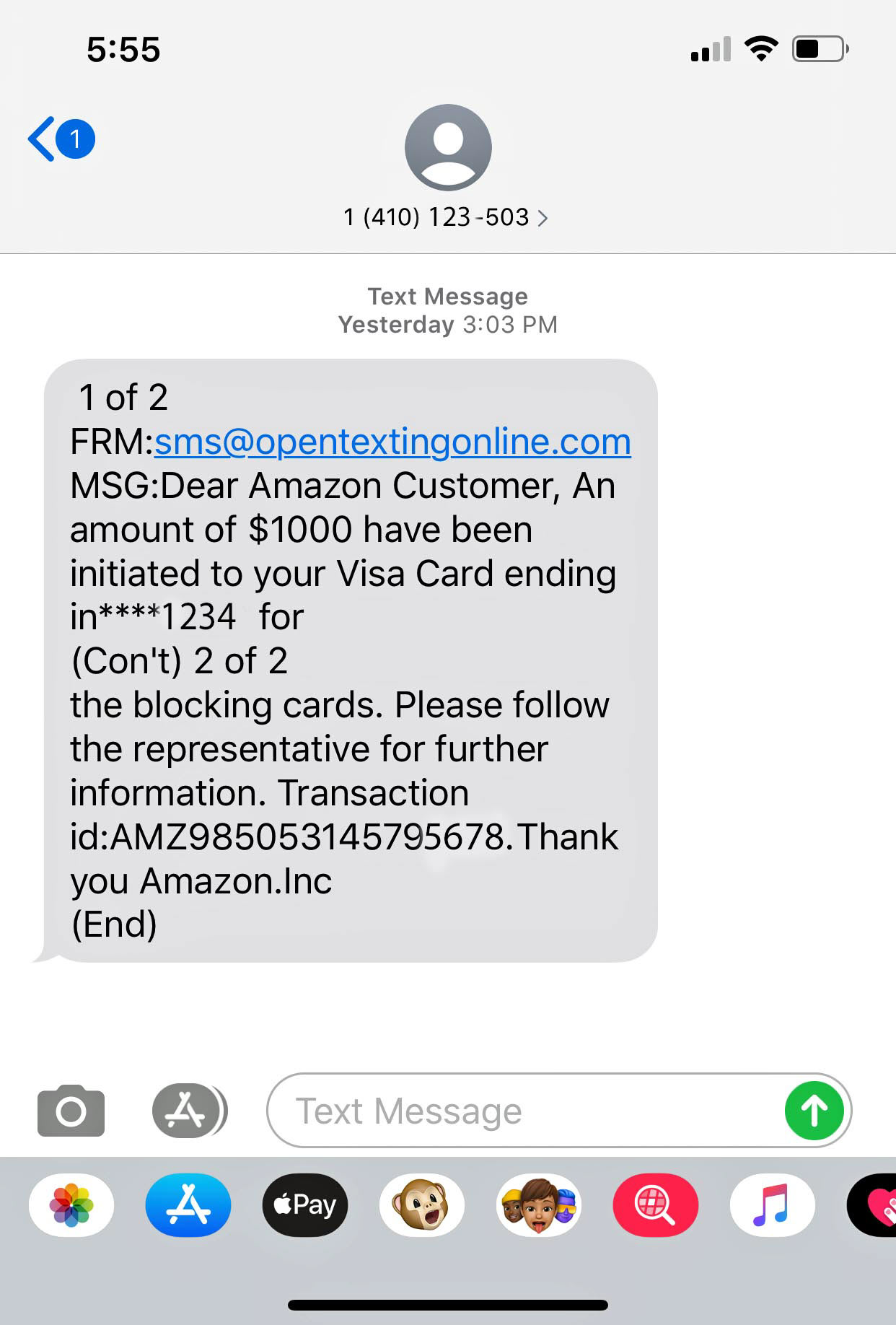 amazon fake smishing text WARNING